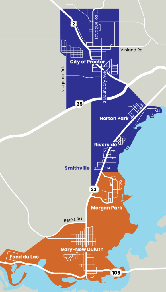 Simplified map graphic picturing a blue area encompassing the City of Proctor and Duluth neighborhoods Norton Park, Riverside, and Smithville; and an orange area encompassing the Duluth neighborhoods of Morgan Park, Gary-New Duluth, and Fond du Lac.